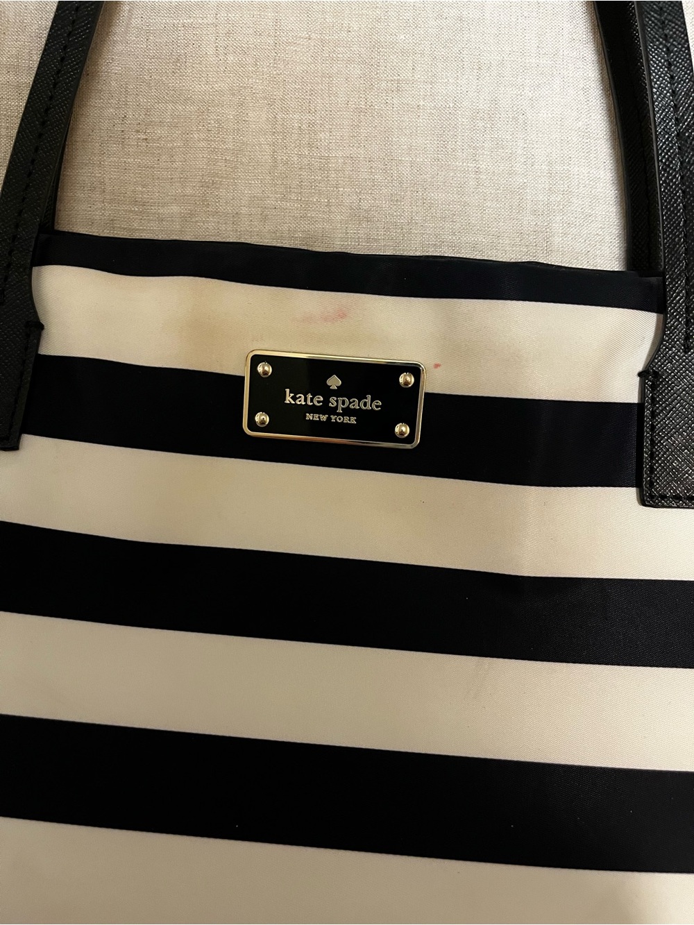 kate spade Black and White Horizontal Stripe Tote with Gold Logo Plaque